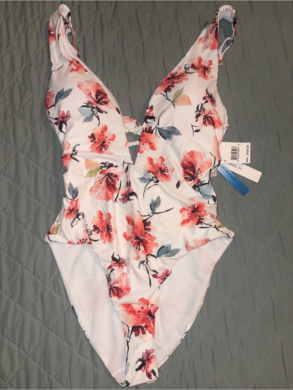 Lucky Brand White One-Piece Swimsuit with Pink & Coral Floral Print
